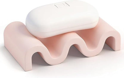 Diatomite Soap Dish Quick Drying Bar Soap Holder Draining Soap Saver Rack Wave Pattern Sponge Tray for Bathroom Sink, Shower, Kitchen, Pink