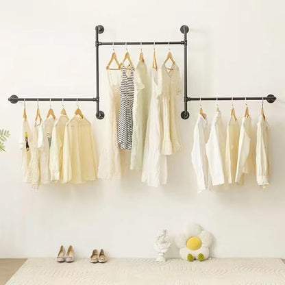 Industrial Pipe Clothing Rack Wall Garment Rack with Pipe Clothes Rails, Heavy Duty Clothes Hanging Rods Space-Saving Closet Organizer (Wall Clothing Rack-3 Hanging Rods)