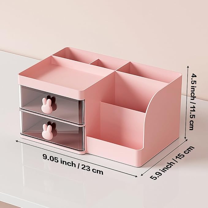 Makeup Storage Organizer with 2 Drawers, Desk Vanity Countertop Skin Care Cosmetic Display Case Make up Stands for Hair Accessories Lipstick Lotions Beauty Skincare Organizing (Pink)