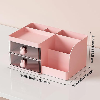 Makeup Storage Organizer with 2 Drawers, Desk Vanity Countertop Skin Care Cosmetic Display Case Make up Stands for Hair Accessories Lipstick Lotions Beauty Skincare Organizing (Pink)