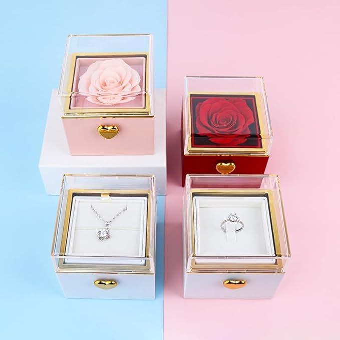 Magic Flip Jewelry Carousel with Heart Button Surprise, Rotating Transparent Gift Box - Bear Cake or Flower Design Organizer for Necklaces & Rings, Birthday Mothers Day Gifts for Women (Pink Flower)