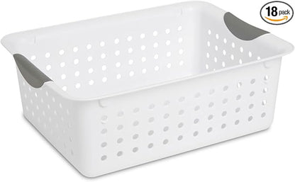 Sterilite 18-Pack Medium Ultra Basket, Open Top Plastic Storage Organizer, White - Classic Baskets for Organizing Countertops, Pantry Shelves, Kitchen Cabinets, Laundry Rooms or Home Offices