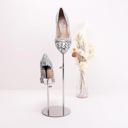 Shoe Display Stand for Retail Store Stainless Steel Height Adjustable Countertop Double-Headed High Heel Shoe Display Risers Stand Rack for Vendors Photos