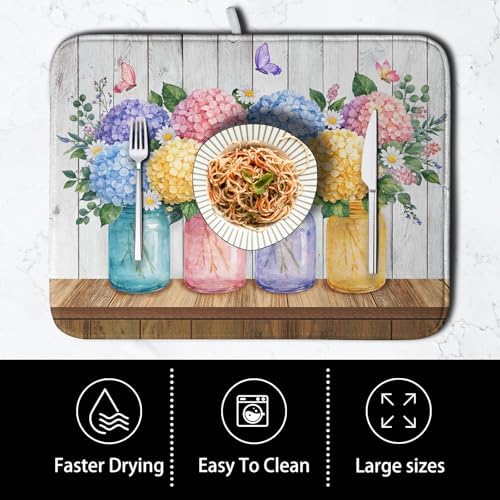 Hydrangea Dish Drying Mat for Kitchen Counter Spring Summer Floral Vases dish mat Microfiber Absorbent Dish Drainer Pad Rustic Farmhouse Floral Wooden Board Dish Draining Mats 18x24 Inch - Image 4