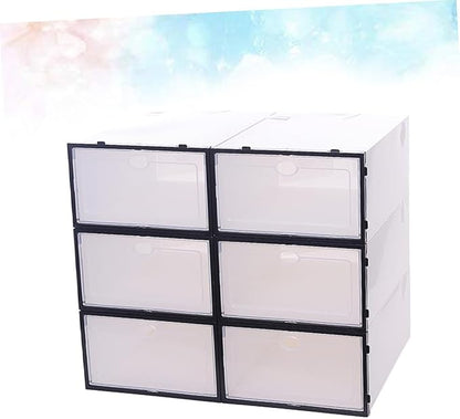 6PCS Thickened Transparent Shoe Containers Plastic Storage Boxes for Men Black Frame White Stackable Organizer for Closet and Shelf Shoes Storage