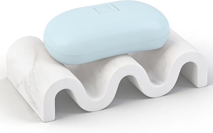 Diatomite Soap Dish Quick Drying Bar Soap Holder Draining Soap Saver Rack Wave Pattern Sponge Tray for Bathroom Sink, Shower, Kitchen, Marble White