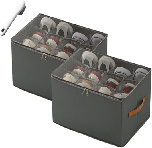 Fabric Shoe Organizer Storage Box,With Adjustable Dividers For Shoe Box,12 Separate Compartments For Boots Heels Sneakers (Gray,Set2)