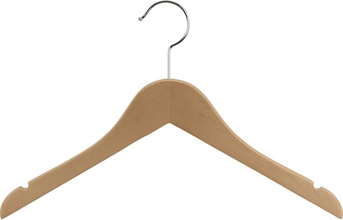 Wooden Junior Top Hanger, Natural Finish with Chrome Hardware, Box of 25