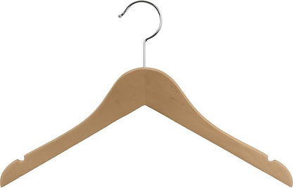 Wooden Junior Top Hanger, Natural Finish with Chrome Hardware, Box of 25