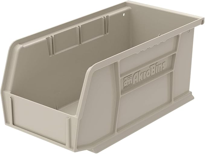 Akro-Mils 30230 AkroBins Plastic Storage Bins, Space-Saving Stackable Bins for Garage, Pantry, Craft Organization, 11" x 5" x 5", Stone, 12-Pack