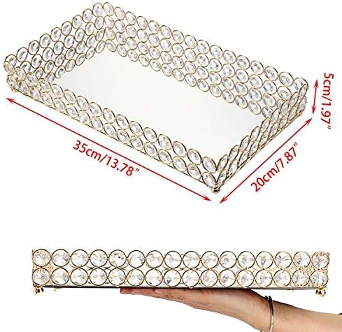 Hipiwe Crystal Cosmetic Vanity Tray, Mirrored Decorative Jewelry Organizer Tray for Perfume, Trinket, Makeup Display Dresser Home Decor (Large, Golden)