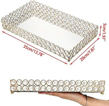 Hipiwe Crystal Cosmetic Vanity Tray, Mirrored Decorative Jewelry Organizer Tray for Perfume, Trinket, Makeup Display Dresser Home Decor (Large, Golden)