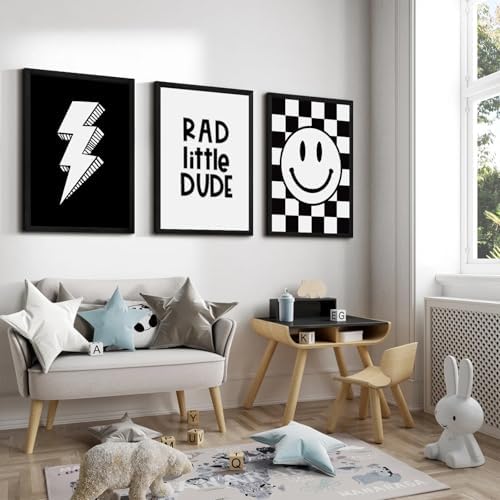 Boys Room Wall Art Decor Toddler Nursery Canvas Wall Art Baby Kids Wall Decor Black Checkered Smiley Poster Pictures Retro Playroom Rad Little Dud Art Prints for Bedroom 12x16x3 Inch Wood Framed - Image 6