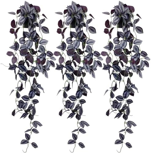LOYWREE 3Pack Small Fake Hanging Purple Plant Artificial Potted Plants Indoor 39-in Long Faux Dark Black Vine Plant for Shelf Home Office and Outdoor Garden Decor (Black Pot) by LOYWREE