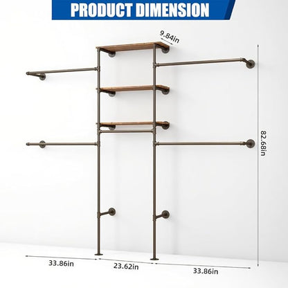 KaKaBB Industrial Pipe Clothing Rack - Heavy Duty Wall Mounted Clothes Rack, Corner Closet System, DIY Wardrobe Organizer with Shelves, Walk in Closet Storage (BLACK, 94.5")