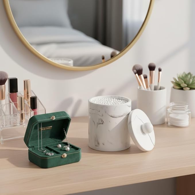 Bathroom Qtip Holder Dispenser with Lid,Vanity Cotton Swab Holder,Resin Cotton Ball Container,Makeup Sponges Cosmetics Canister,Bath Salts Storage Box for Bathroom (Marble White of 2)