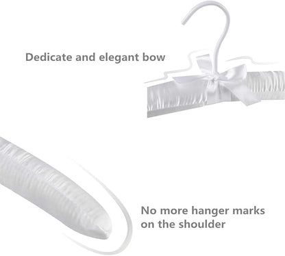 Pure White Satin Padded Sweater Hangers 5 Pack, Blouse Hanger with Thick & Soft Foam for Bridal Wedding Dress Lingerie, Smooth Silk Covered Shirt Hanger Without Shoulder Bump