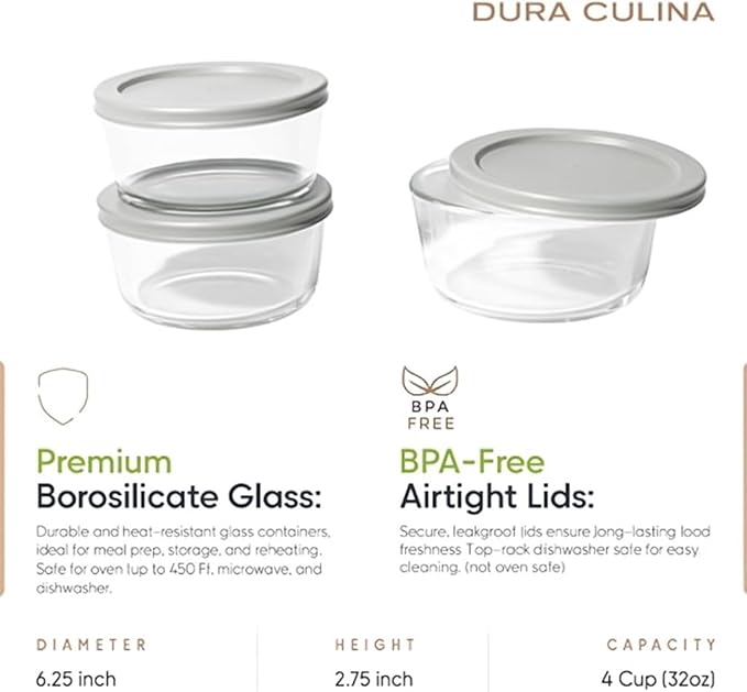 6-Piece Glass Food Storage Containers Set (3 Containers + 3 BPA-Free Lids) | 4-Cup, Leakproof | Microwave, Freezer, Oven & Dishwasher Safe | Ideal for Meal Prep & Pantry Organization, Grey