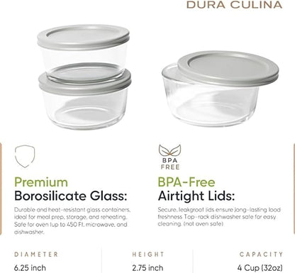 6-Piece Glass Food Storage Containers Set (3 Containers + 3 BPA-Free Lids) | 4-Cup, Leakproof | Microwave, Freezer, Oven & Dishwasher Safe | Ideal for Meal Prep & Pantry Organization, Grey