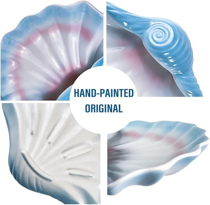 Ceramic Shell Soap Dish (7.7 x 5.3 in), Seashell Soap Holder Tray for Bathroom Shower Sink, Blue Shell Trinket Tray for Jewelry Rings Keys, Vanity Counter Organizer