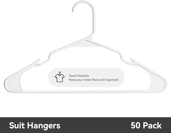 Plastic Hangers - 50 Pack, Space Saving, Durable, White Hangers for Everyday Use and Dorm Room Essentials