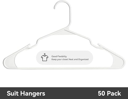 Plastic Hangers - 50 Pack, Space Saving, Durable, White Hangers for Everyday Use and Dorm Room Essentials