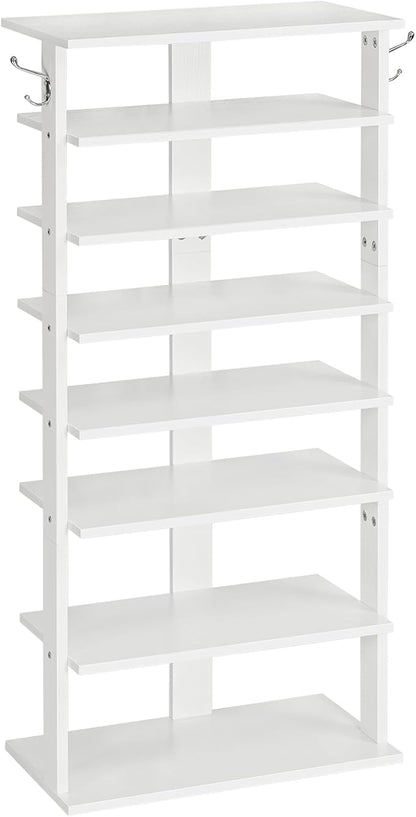 HOOBRO Vertical Shoe Rack, 8 Tier Wooden Shoe Storage Organizer with Hooks, Narrow Shoe Tower for 16 Pairs, Space Saving, for Entryway, Living Room, Bedroom, White WT750XJ01
