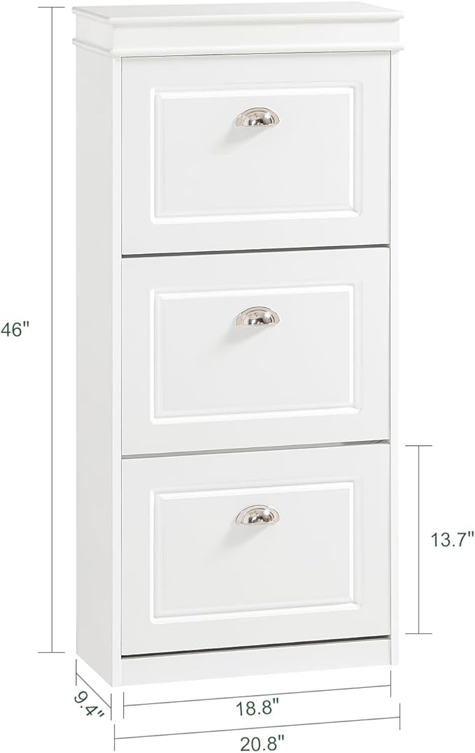 SoBuy White Shoe Cabinet with 3 Flip Drawers, Narrow Freestanding Shoe Rack Entryway, Hidden Slim Shoe Rack with Drawer FSR94-W (9.45" D x 20.87" W x 46" H)