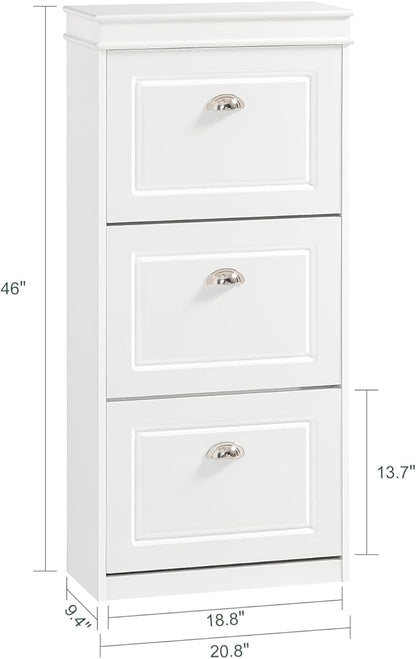 SoBuy White Shoe Cabinet with 3 Flip Drawers, Narrow Freestanding Shoe Rack Entryway, Hidden Slim Shoe Rack with Drawer FSR94-W (9.45" D x 20.87" W x 46" H)