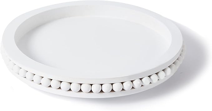 12 Inch White Beaded Lazy Susan for Table Top,Wooden Decorative Kitchen Organizer Turntable for Countertop,Lazy Susan for Dining Table Centerpiece Tray