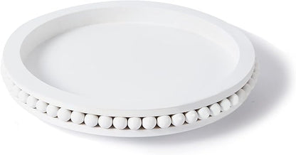 12 Inch White Beaded Lazy Susan for Table Top,Wooden Decorative Kitchen Organizer Turntable for Countertop,Lazy Susan for Dining Table Centerpiece Tray