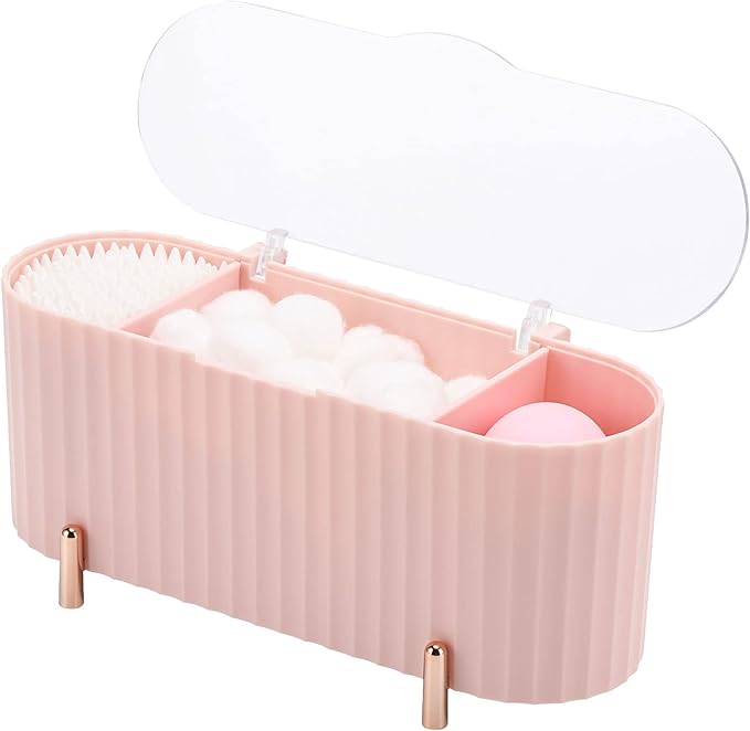 Tecbeauty Qtips Holder, 3 Grids Separate Cotton Swabs Ball Dispenser, Storage Box, Jar for Cotton Pads Bathroom Organizer Canisters - Pink
