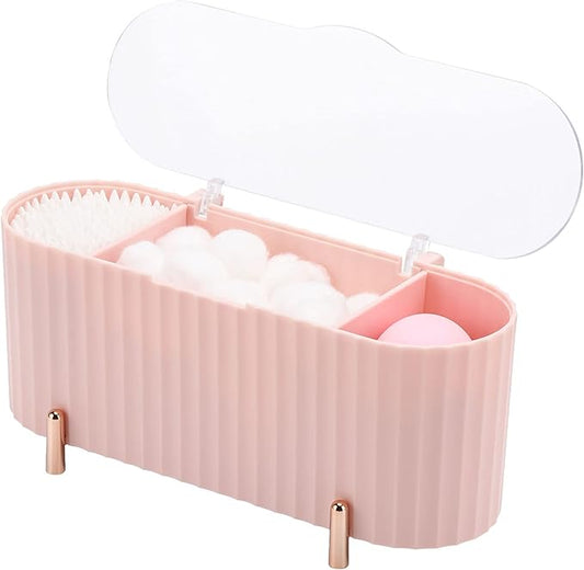 Tecbeauty Qtips Holder, 3 Grids Separate Cotton Swabs Ball Dispenser, Storage Box, Jar for Cotton Pads Bathroom Organizer Canisters - Pink