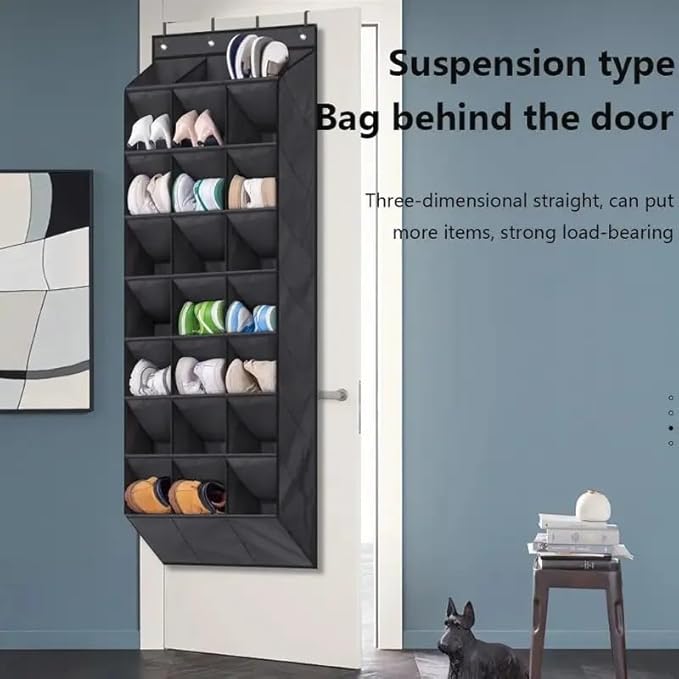 Over the Door Shoe Organizer, 24 Large Deep Pockets, 8-Tier, Non-Woven Fabric, Black, 20.80 x 7.90 x 62.20 in