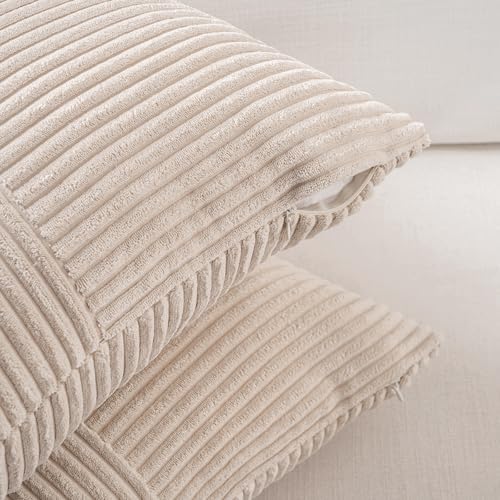 Fancy Homi 2 Packs Tan Samll Decorative Throw Pillow Covers 14x14 Inch with for Couch Bed Sofa, Rustic Farmhouse Boho Home Decor, Soft Corss Patchwork Corduroy Square Beige Cushion Case 35x35 cm - Image 3