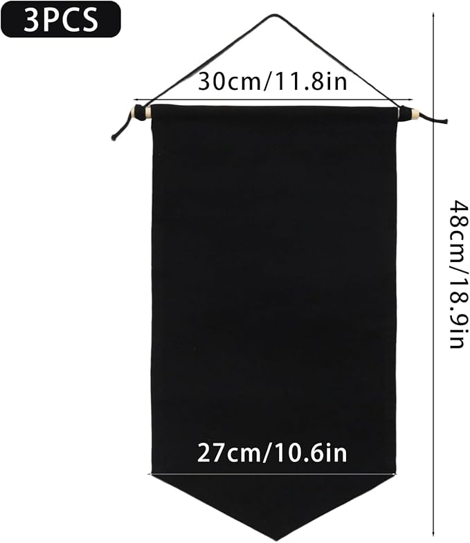 3 PCS Canvas Banner Blank with Wooden Dowel, Canvas Banners Wall Hanging Brooch Jewelry Badges Display, Enamel Pin Holder Display for Buttons Earrings (Black, Medium)