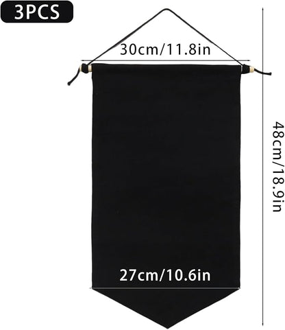 3 PCS Canvas Banner Blank with Wooden Dowel, Canvas Banners Wall Hanging Brooch Jewelry Badges Display, Enamel Pin Holder Display for Buttons Earrings (Black, Medium)