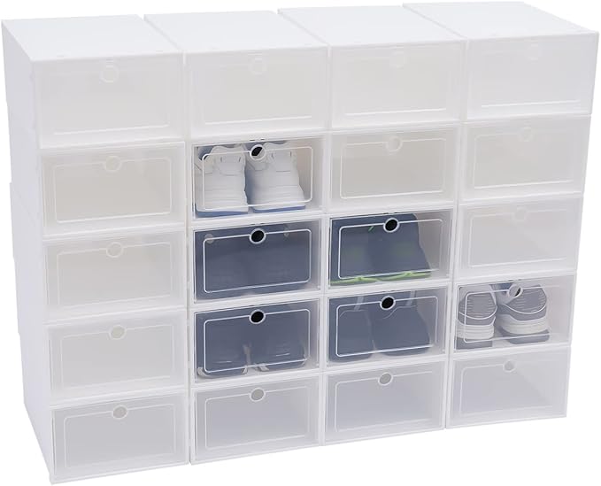 20Pcs Clear Plastic Stackable Foldable Shoe Storage Boxes, Front Opening Shoe Sneaker Holder Containers