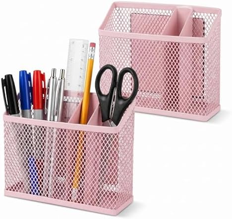 Neudeco Magnetic Pen Holder-Strong Magnet Mesh Storage Basket for Refrigerator, Kitchen, Locker-Magnetic Marker Holder on whiteboard for Dry Erase Markers for school, office, Pack 2 (Pink) by Neudeco