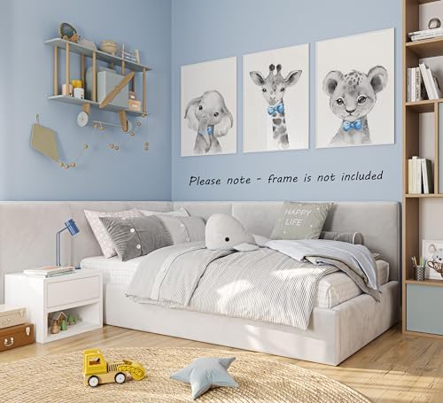 Safari Animals Baby Boys Nursery Set of 3 Unframed Wall Art Prints, Gray Baby Animal Posters with Blue Bow Tie, Elephant Giraffe Lion, Child Bedroom Nursery Decor Posters (12x16) - Image 4