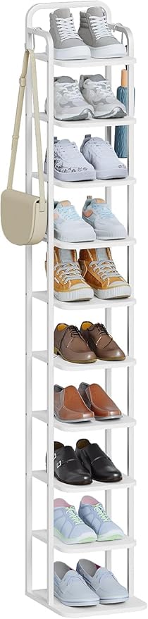 Hzuaneri 10 Tiers Vertical Shoe Rack, Narrow Shoe Tower, Tall Shoes Shelf with 2 Hooks, Adjustable Shelves, Corner Shoes Shelves for Small Spaces, Entryway, Living Room, White SR11213W