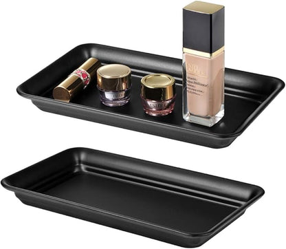 Vintage Farmhouse Decor Metal Vanity Tray(2 Pack),Countertop Guest Hand Towel Storage Organizer Tray Dispenser, Sturdy Holder for Perfume,Cosmetics, Jewelry, Makeup Bathroom Organizer (Black)