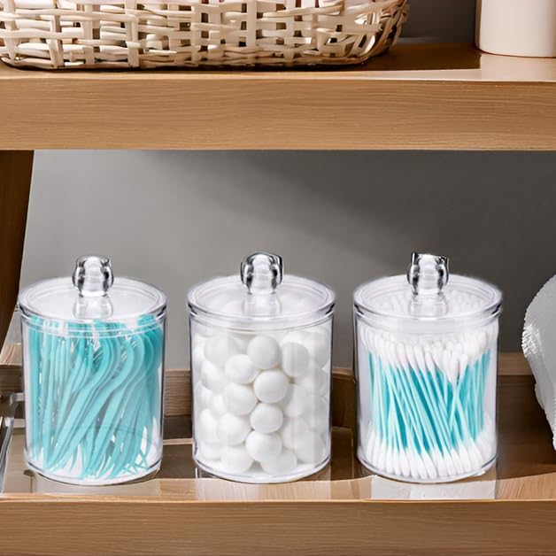 WEISHI 4 Pack Qtip Holder Dispenser - Cotton Ball, Swab, Round Pads, Floss , Small Clear Plastic Apothecary Jar Containers with Lids for Bathroom Storage and Organization, Vanity Organizer