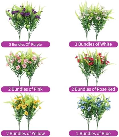 ZEOSTARO Artificial Outdoor Plants 12 Bundles Fake Boston Fern with Eucalyptus Flowers Faux UV Resistant Greenery Garden Window Box Porch Farmhouse Hanging Decor(Mix Flowers&Fern) - Image 4
