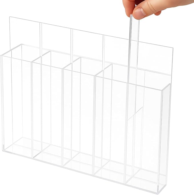 Honeydak Magnetic Acrylic Straw Holder for Cabinet Door with Adhesive Tapes and 5 Removable Partitions, Reusable Straw Organizer Storage Space-saving for Cabinet Door Fridge Kitchen(Clear,9.8 Inch)
