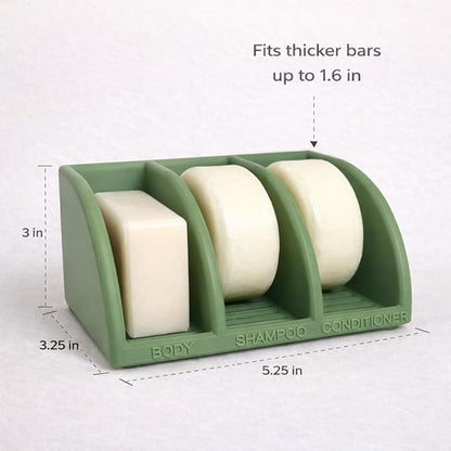Shampoo Bar Holder for Shower, 3-Slot Soap & Conditioner Organizer with Drainage - Keeps Bars Dry & Lasts Longer - Modern Bathroom Organizer by Essence & Abode (Olive Green)