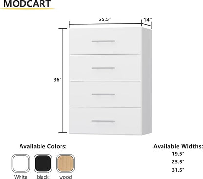 4 Drawer Short Tower, Modular Wood Closet System Organizer with Storage, Clothing Rack for Hanging Clothes, White, 25.5"W