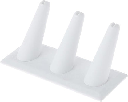 Plymor White Faux Leather Ring Finger Display, Three on Rectangular Base, 4.875" W x 2.25" D x 2" H