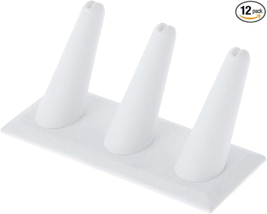 Plymor White Faux Leather Ring Finger Display, Three on Rectangular Base, 4.875" W x 2.25" D x 2" H (Pack of 12)
