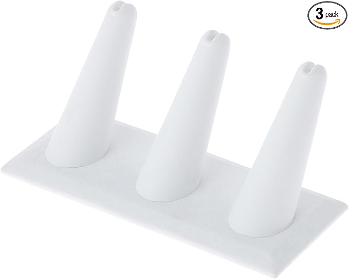Plymor White Faux Leather Ring Finger Display, Three on Rectangular Base, 4.875" W x 2.25" D x 2" H (Pack of 3)
